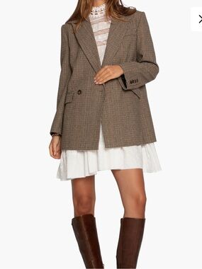 Women's Beige Houndstooth Double-Breasted Blazer